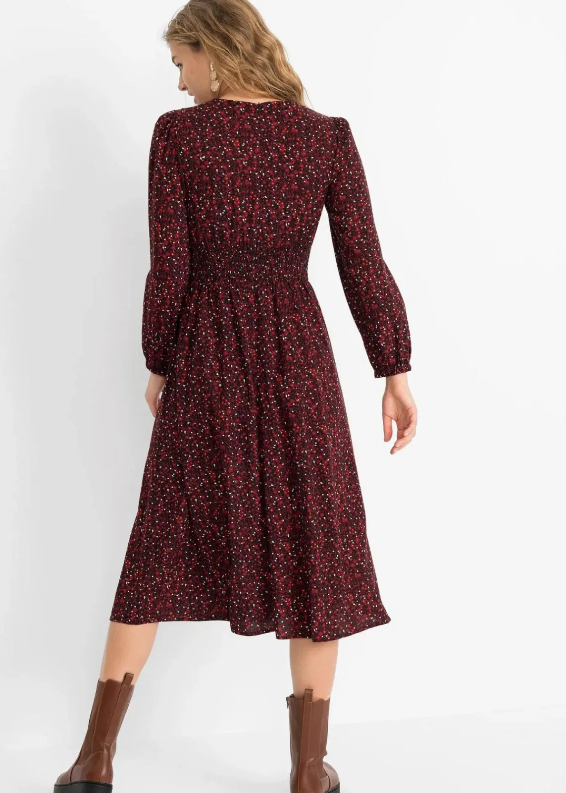 bonprix Bekleidung·Pullover & Strickjacken|Nachhaltigere Materialien^Midikleid mit Blumenprint kastanienrot/schwarz