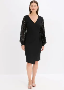 bonprix Bekleidung·Pullover & Strickjacken|Festliche Mode^Midikleid mit Paillettenstickerei an den Ärmel schwarz