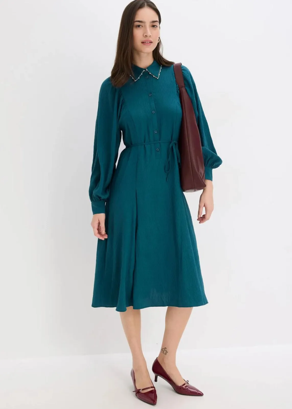 bonprix Kleider|Bekleidung·Pullover & Strickjacken^Midikleid mit Perlen Applikation dunkelpetrol