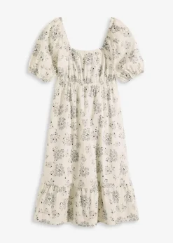 bonprix Bekleidung·Pullover & Strickjacken|Kleider^Midikleid mit Puffärmeln natur/schwarz bedruckt
