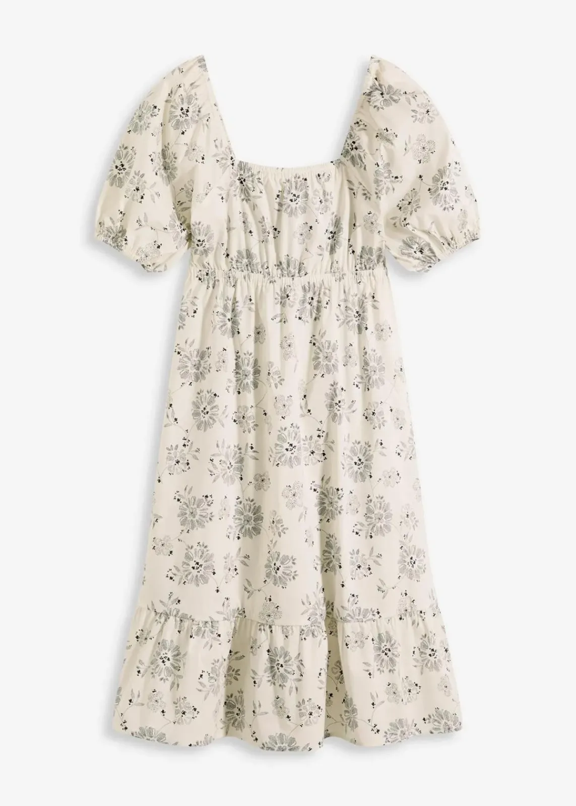 bonprix Bekleidung·Pullover & Strickjacken|Kleider^Midikleid mit Puffärmeln natur/schwarz bedruckt