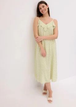 bonprix Bekleidung·Pullover & Strickjacken|Kleider^Midikleid mit Rüsche mattpistazie bedruckt