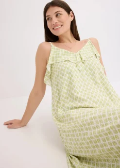 bonprix Bekleidung·Pullover & Strickjacken|Kleider^Midikleid mit Rüsche mattpistazie bedruckt