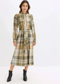 bonprix Bekleidung·Pullover & Strickjacken|Kleider^Midikleid mit Schluppe mattoliv/dunkeloliv/wollweiß kariert