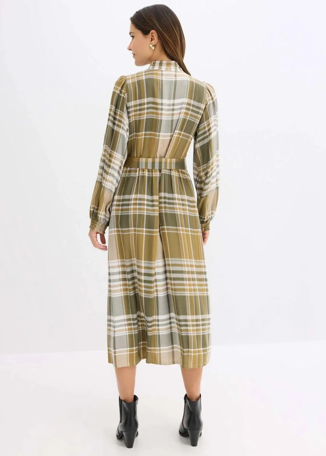 bonprix Bekleidung·Pullover & Strickjacken|Kleider^Midikleid mit Schluppe mattoliv/dunkeloliv/wollweiß kariert