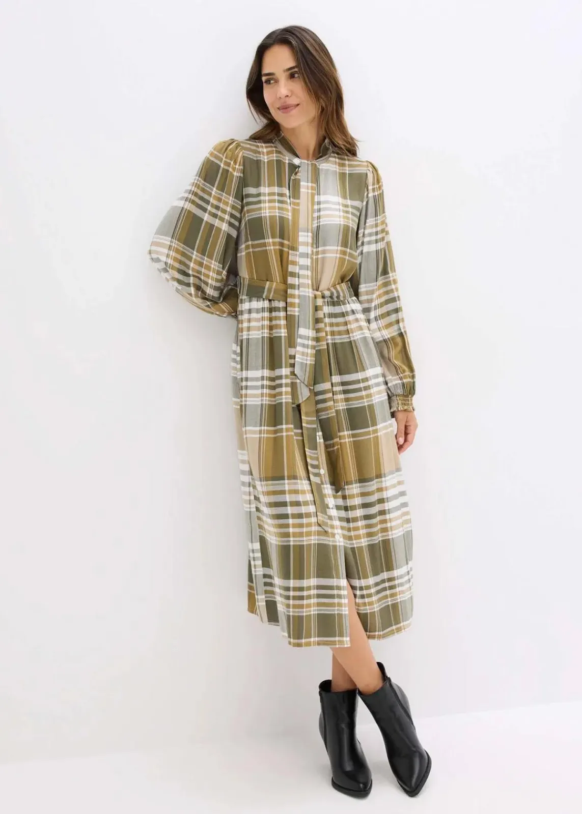 bonprix Bekleidung·Pullover & Strickjacken|Kleider^Midikleid mit Schluppe mattoliv/dunkeloliv/wollweiß kariert