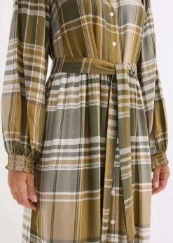bonprix Bekleidung·Pullover & Strickjacken|Kleider^Midikleid mit Schluppe mattoliv/dunkeloliv/wollweiß kariert