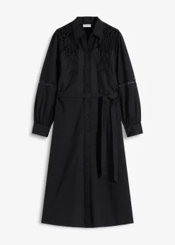bonprix Kleider^Midikleid mit Spitzeneinsatz aus Baumwolle schwarz