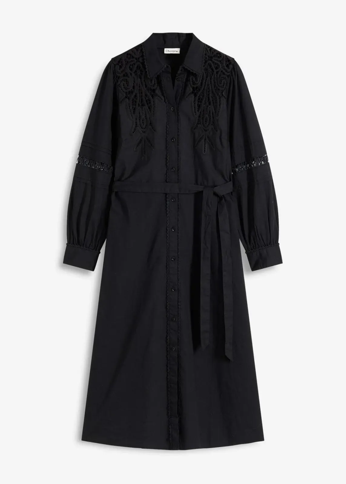 bonprix Kleider^Midikleid mit Spitzeneinsatz aus Baumwolle schwarz