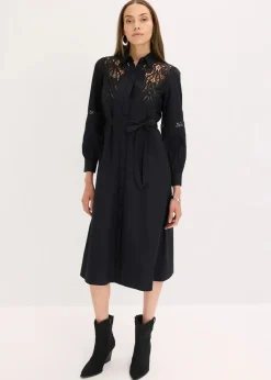 bonprix Kleider^Midikleid mit Spitzeneinsatz aus Baumwolle schwarz