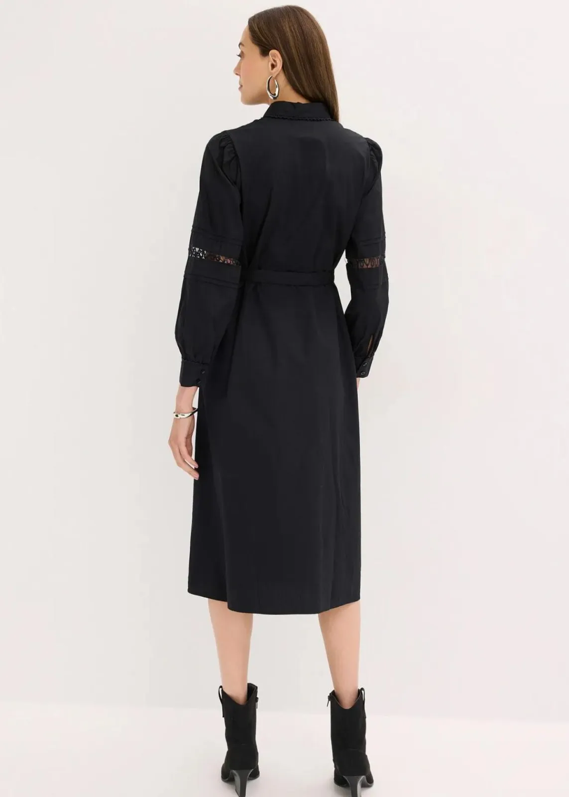bonprix Kleider^Midikleid mit Spitzeneinsatz aus Baumwolle schwarz
