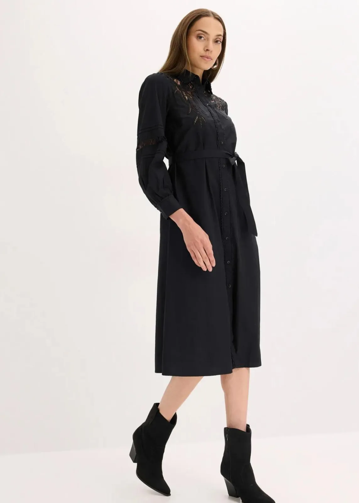 bonprix Kleider^Midikleid mit Spitzeneinsatz aus Baumwolle schwarz