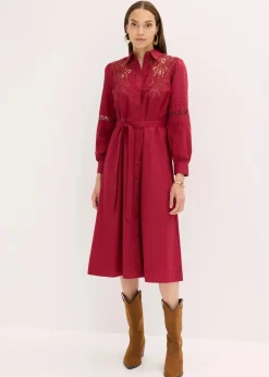 bonprix Kleider^Midikleid mit Spitzeneinsatz aus Baumwolle pflaumenrot