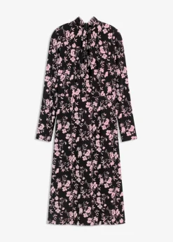 bonprix Bekleidung·Pullover & Strickjacken|Kleider^Midikleid mit Stehkragen schwarz/altrosa geblümt
