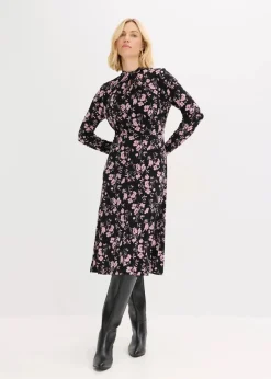 bonprix Bekleidung·Pullover & Strickjacken|Kleider^Midikleid mit Stehkragen schwarz/altrosa geblümt