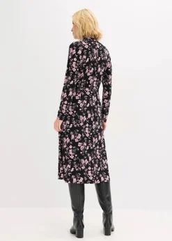 bonprix Bekleidung·Pullover & Strickjacken|Kleider^Midikleid mit Stehkragen schwarz/altrosa geblümt