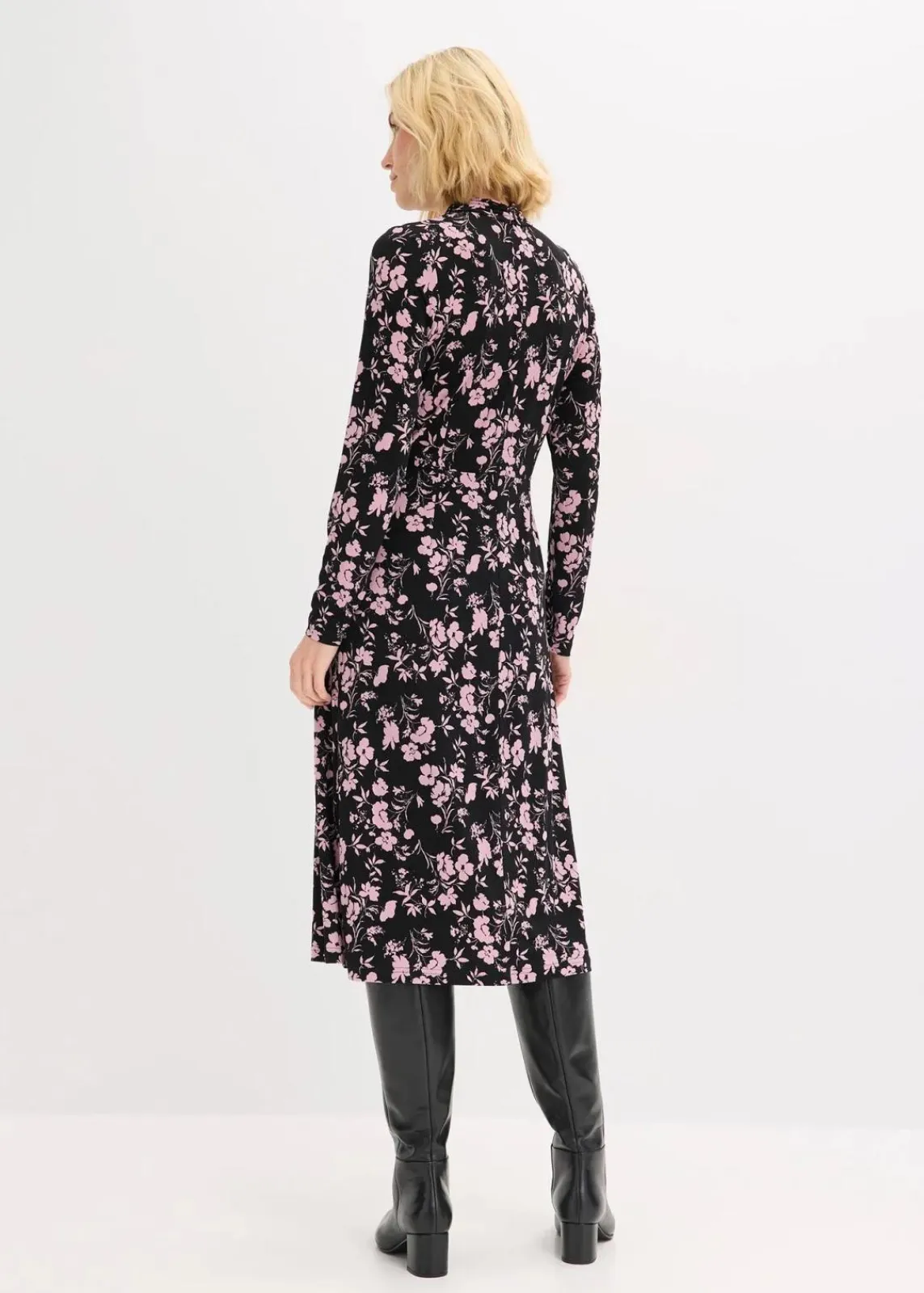 bonprix Bekleidung·Pullover & Strickjacken|Kleider^Midikleid mit Stehkragen schwarz/altrosa geblümt