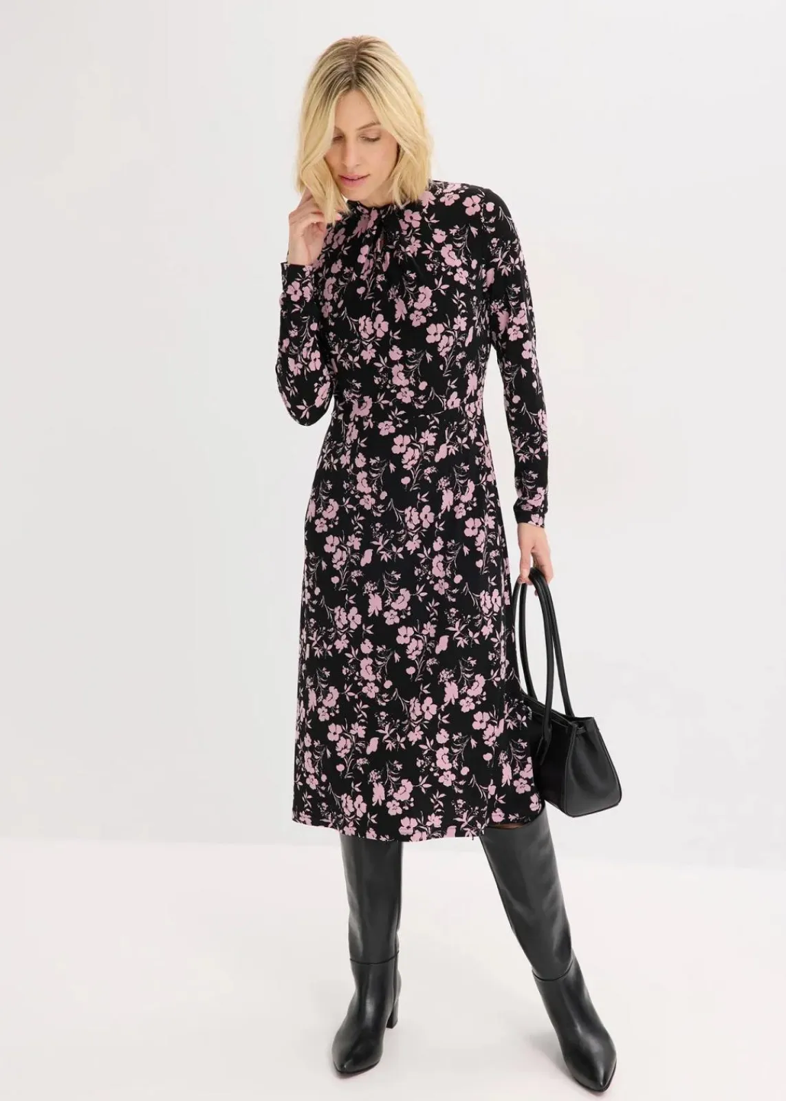 bonprix Bekleidung·Pullover & Strickjacken|Kleider^Midikleid mit Stehkragen schwarz/altrosa geblümt