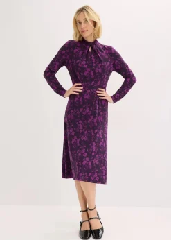 bonprix Kleider|Bekleidung·Pullover & Strickjacken^Midikleid mit Stehkragen dunkellila/pfingstrose geblümt