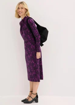 bonprix Kleider|Bekleidung·Pullover & Strickjacken^Midikleid mit Stehkragen dunkellila/pfingstrose geblümt