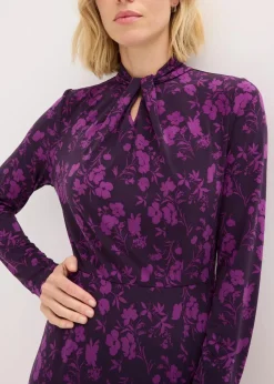 bonprix Kleider|Bekleidung·Pullover & Strickjacken^Midikleid mit Stehkragen dunkellila/pfingstrose geblümt