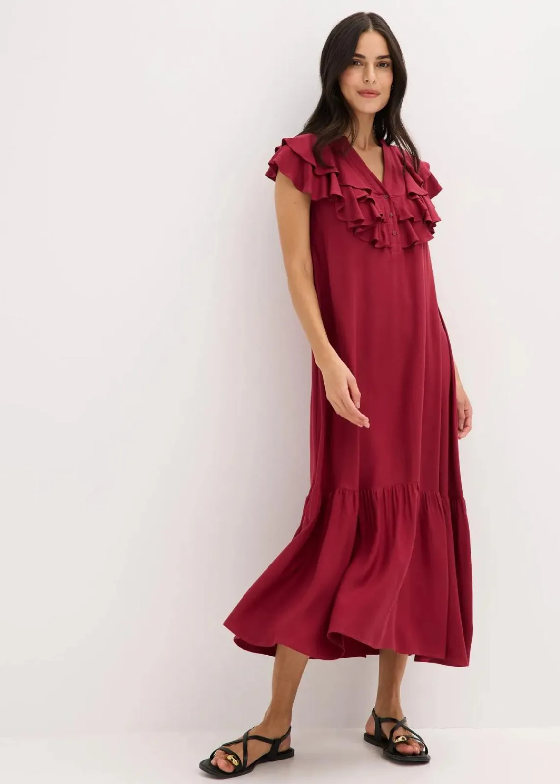 bonprix Kleider|Bekleidung·Pullover & Strickjacken^Midikleid mit Volants aus strukturiertem Crêpe pflaumenrot