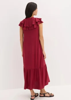 bonprix Kleider|Bekleidung·Pullover & Strickjacken^Midikleid mit Volants aus strukturiertem Crêpe pflaumenrot