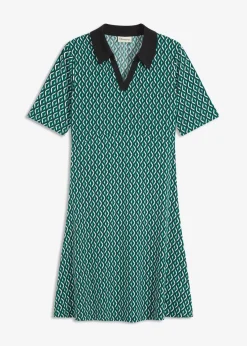 bonprix Kleider|Bekleidung·Pullover & Strickjacken^Midi-Polokleid waldgrün/schwarz graphisch bedruckt
