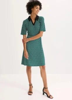 bonprix Kleider|Bekleidung·Pullover & Strickjacken^Midi-Polokleid waldgrün/schwarz graphisch bedruckt