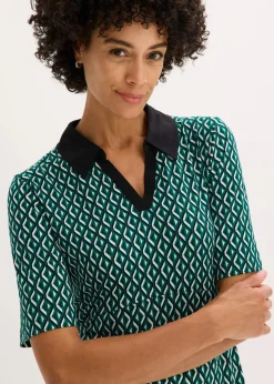 bonprix Kleider|Bekleidung·Pullover & Strickjacken^Midi-Polokleid waldgrün/schwarz graphisch bedruckt