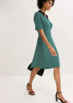 bonprix Kleider|Bekleidung·Pullover & Strickjacken^Midi-Polokleid waldgrün/schwarz graphisch bedruckt