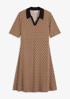 bonprix Bekleidung·Pullover & Strickjacken|Kleider^Midi-Polokleid mokkabraun/schwarz graphisch bedruckt