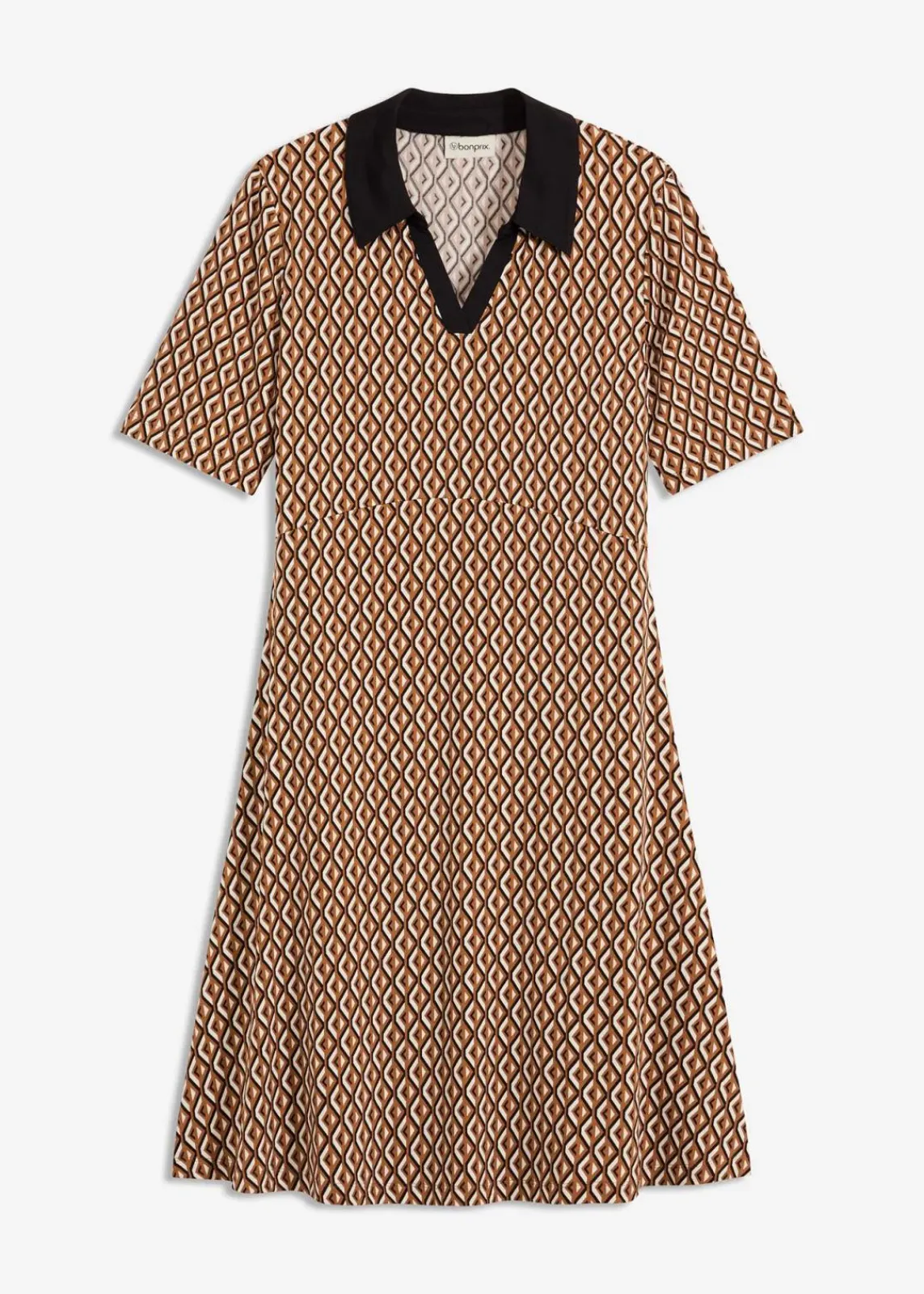 bonprix Bekleidung·Pullover & Strickjacken|Kleider^Midi-Polokleid mokkabraun/schwarz graphisch bedruckt