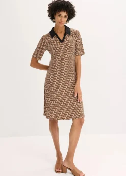 bonprix Bekleidung·Pullover & Strickjacken|Kleider^Midi-Polokleid mokkabraun/schwarz graphisch bedruckt
