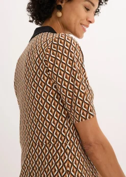 bonprix Bekleidung·Pullover & Strickjacken|Kleider^Midi-Polokleid mokkabraun/schwarz graphisch bedruckt