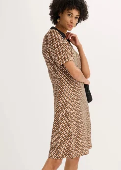 bonprix Bekleidung·Pullover & Strickjacken|Kleider^Midi-Polokleid mokkabraun/schwarz graphisch bedruckt