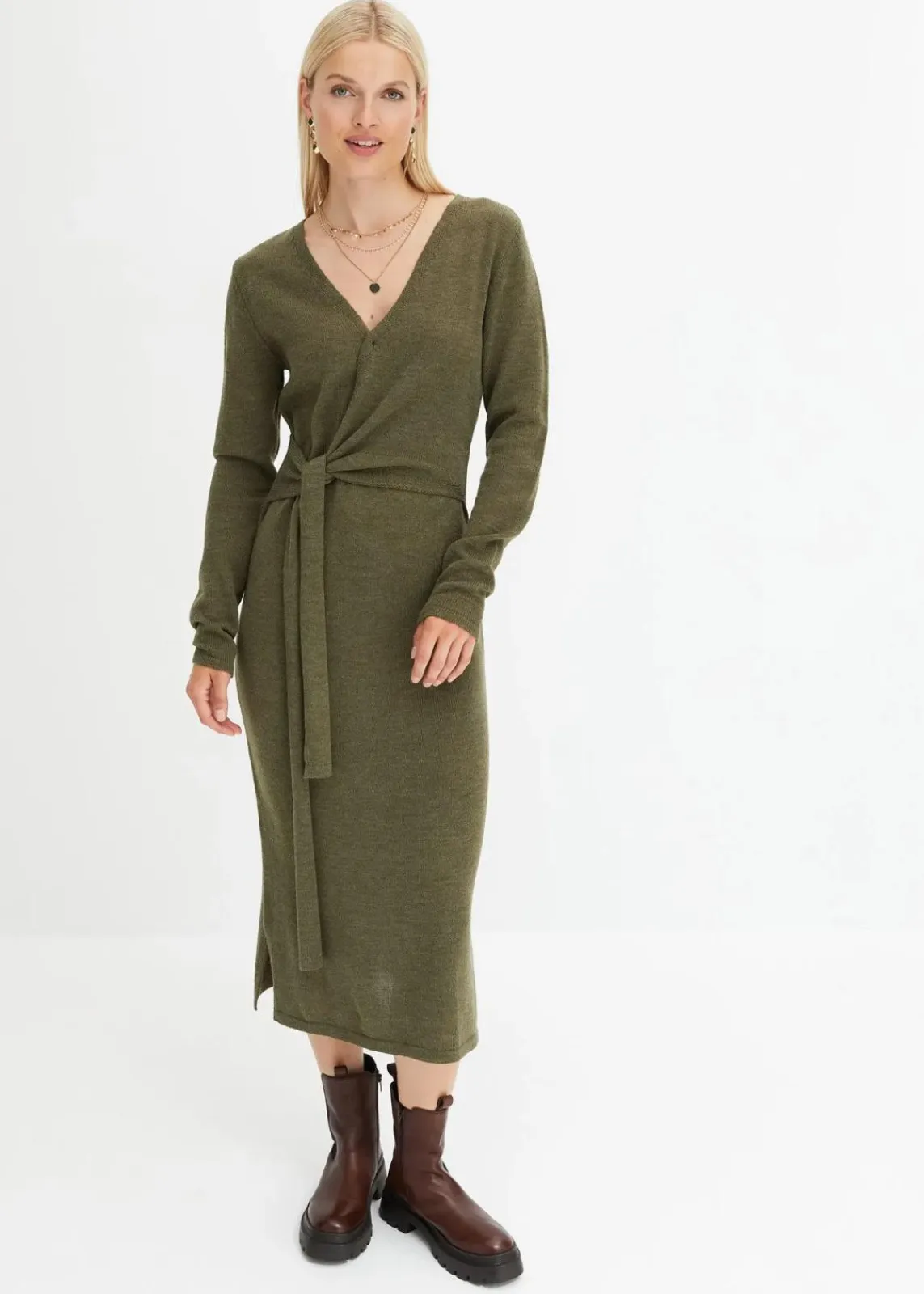 bonprix Bekleidung·Umstandsmode|Bekleidung·Pullover & Strickjacken^Midi-Strickkleid dunkeloliv meliert