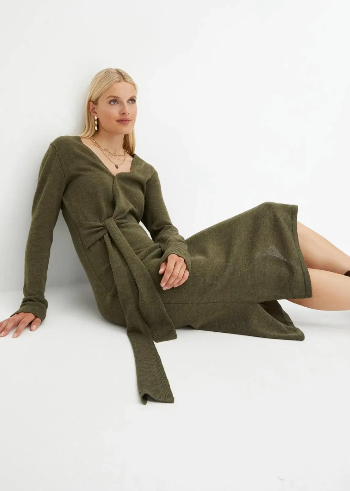 bonprix Bekleidung·Umstandsmode|Bekleidung·Pullover & Strickjacken^Midi-Strickkleid dunkeloliv meliert