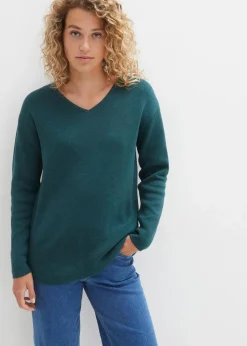 bonprix Bekleidung·Umstandsmode|Bekleidung·Jeans^Milano Rib Pullover mit V-Ausschnitt pfeffergrün
