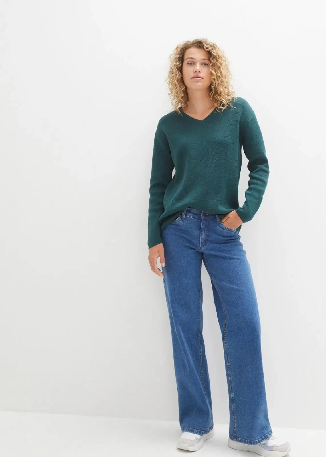 bonprix Bekleidung·Umstandsmode|Bekleidung·Jeans^Milano Rib Pullover mit V-Ausschnitt pfeffergrün