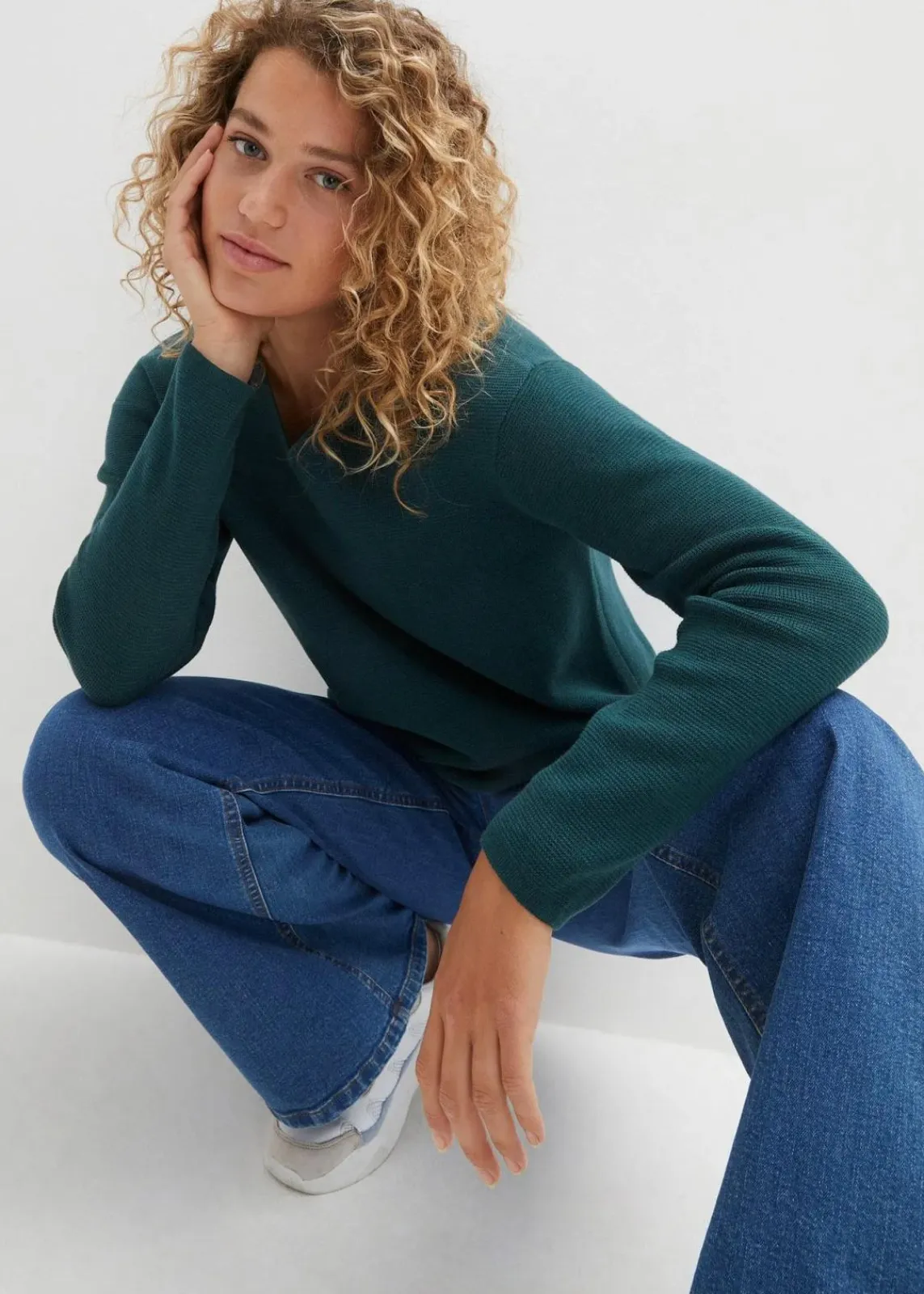 bonprix Bekleidung·Umstandsmode|Bekleidung·Jeans^Milano Rib Pullover mit V-Ausschnitt pfeffergrün