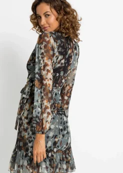 bonprix Kleider|Bekleidung·Pullover & Strickjacken^Minikleid dunkelbraun/beige/dunkelgelb bedruckt