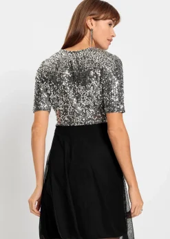 bonprix Bekleidung·Pullover & Strickjacken|Kleider^Minikleid silber/schwarz