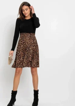 bonprix Kleider|Bekleidung·Pullover & Strickjacken^Minikleid schwarz/braun leo bedruckt