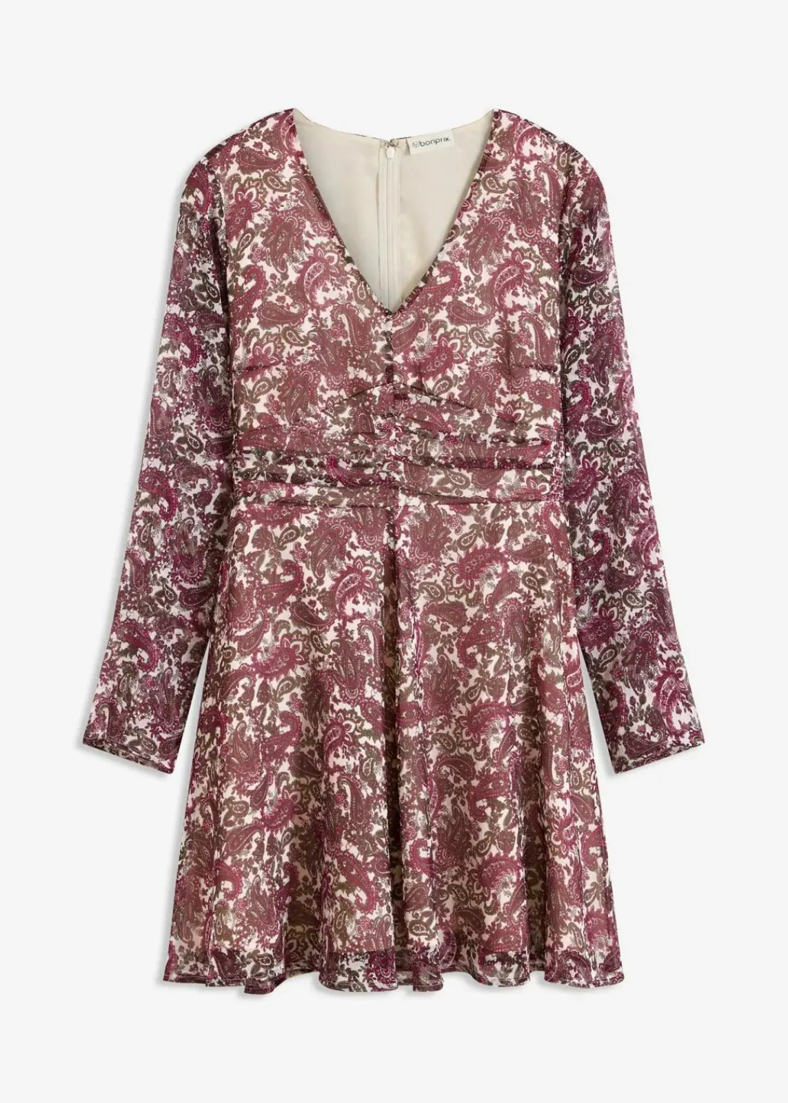 bonprix Bekleidung·Pullover & Strickjacken|Kleider^Minikleid kieselbeige/rhododendronrot/dunkeloliv paisley
