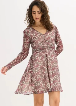 bonprix Bekleidung·Pullover & Strickjacken|Kleider^Minikleid kieselbeige/rhododendronrot/dunkeloliv paisley