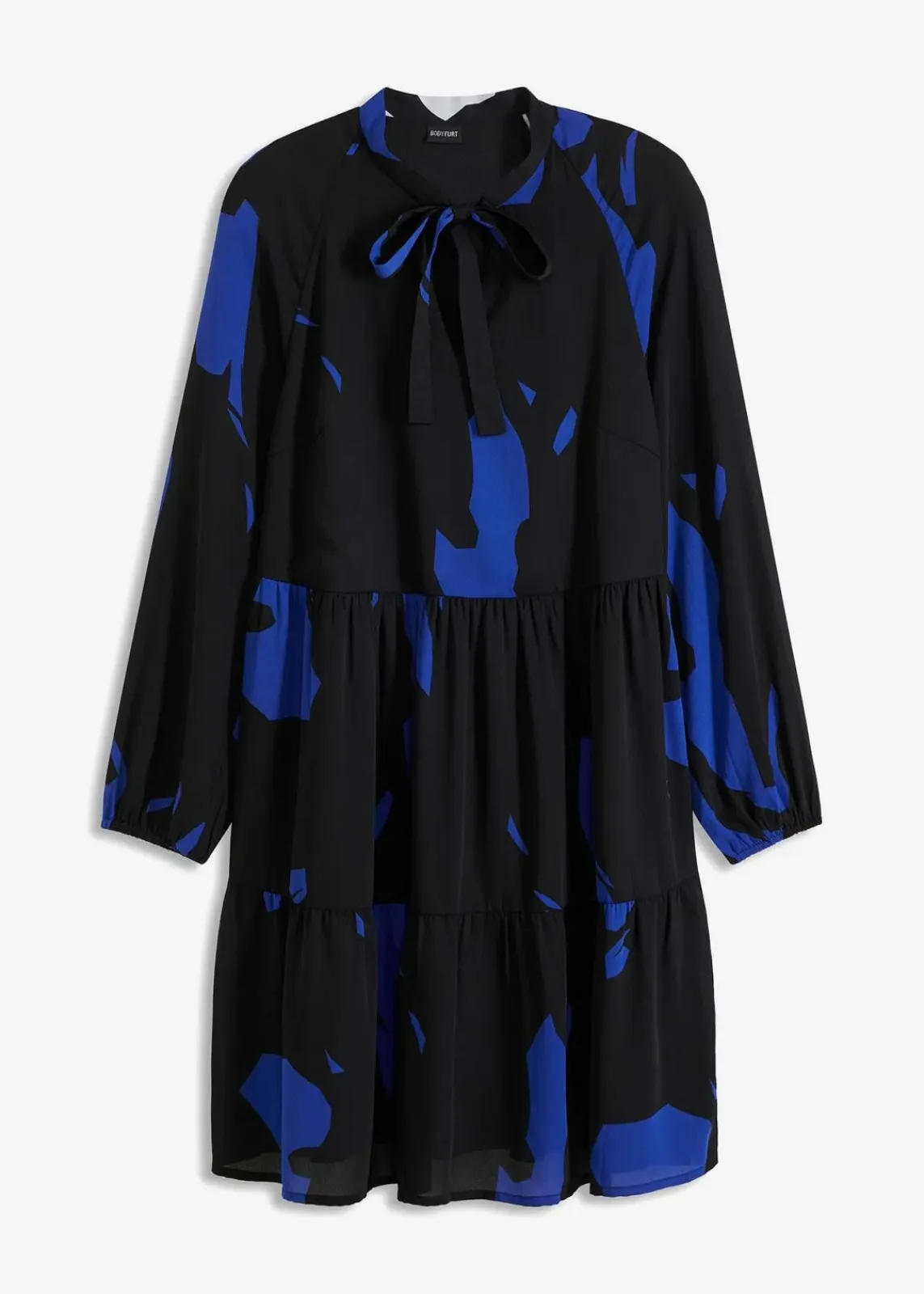 bonprix Nachhaltigere Materialien|Kleider^Minikleid schwarz/saphirblau bedruckt