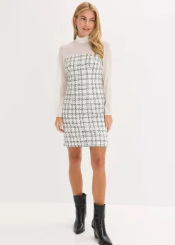 bonprix Bekleidung·Pullover & Strickjacken^Minikleid aus Bouclé mit Chiffon Ärmeln weiß/schwarz kariert