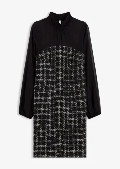 bonprix Bekleidung·Pullover & Strickjacken^Minikleid aus Bouclé mit Chiffon Ärmeln schwarz/weiß kariert