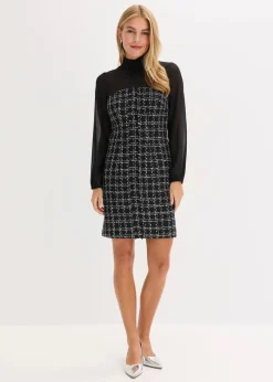 bonprix Bekleidung·Pullover & Strickjacken^Minikleid aus Bouclé mit Chiffon Ärmeln schwarz/weiß kariert